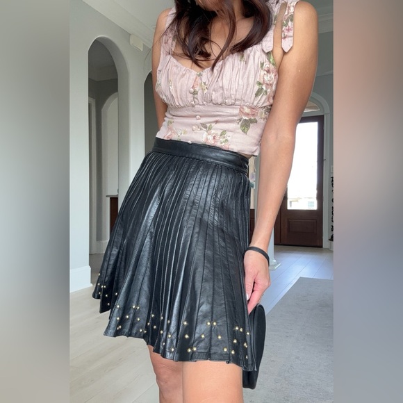 Vintage Dresses & Skirts - ✨Vintage 100% Leather Black Pleated Skirt with Stud Details✨